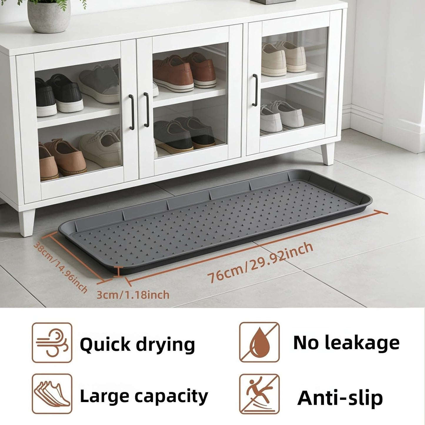 Silicone Boot Tray, 30"x15" Non Slip Shoe Tray for Entryway, Easy to Clean Shoe Mat for Muddy & Wet Shoes Water Proof Rug for Front Door Patio Porch Room (Black)