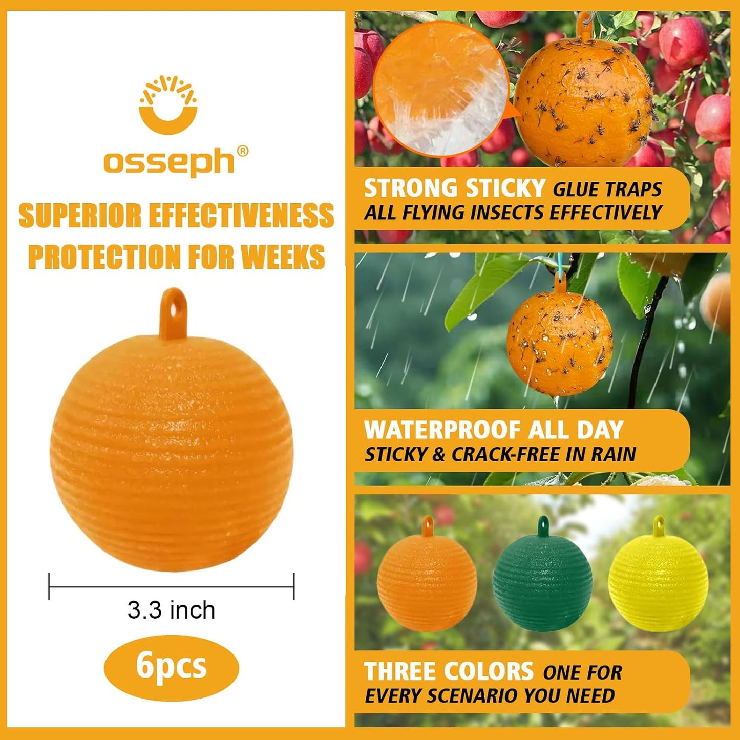 Sticky Insect Trap Ball Osseph Fruit Fly Trap Balls for Indoor Outdoor | Physical Sticky Hanging Bug Ball Catches Flie Gnat Mosquitoe Flying Insects 6pack (Green)