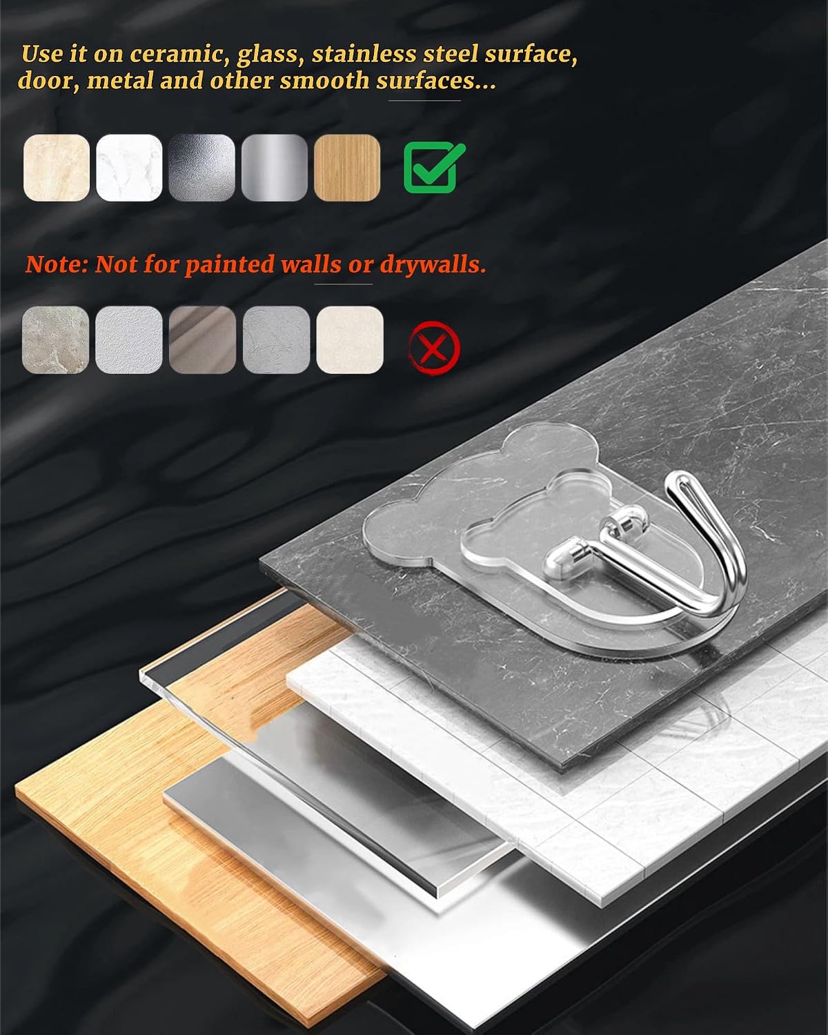 10 Pcs Heavy Duty Adhesive Hooks 10lb Max - Transparent Waterproof Sticky Wall Hooks for Bathroom, Shower, Kitchen, Office - No Damage Self Adhesive Hanging for Towels, Coats, Keys & Home Decor