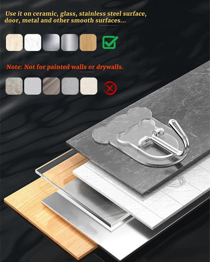 10 Pcs Heavy Duty Adhesive Hooks 10lb Max - Transparent Waterproof Sticky Wall Hooks for Bathroom, Shower, Kitchen, Office - No Damage Self Adhesive Hanging for Towels, Coats, Keys & Home Decor