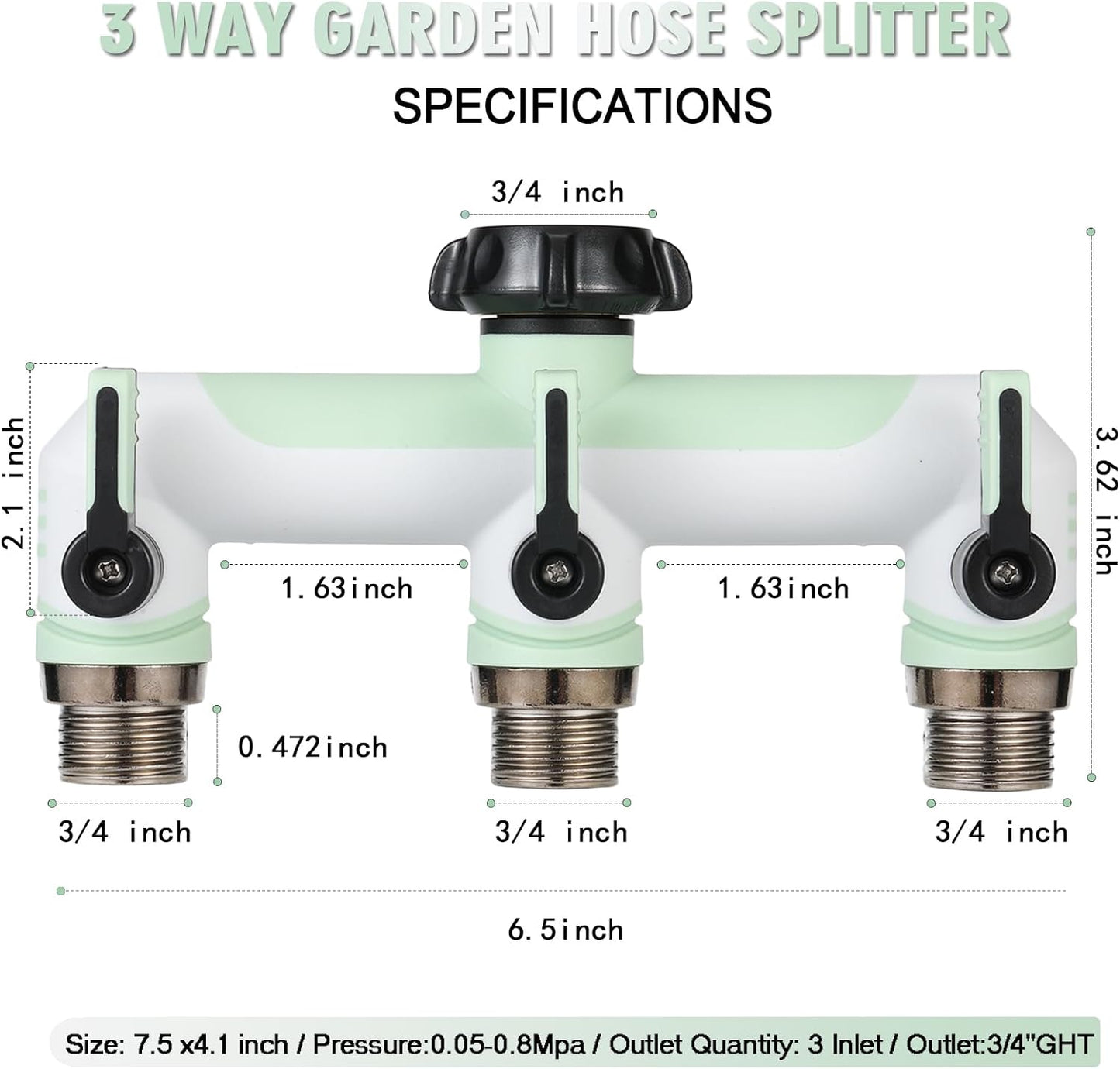 ATAOSGRGarden Hose Splitter 3 Way, 3/4" Outdoor Faucet Splitter, Tap Connector with On/Off Valves and Extended Handle, Tap Adapter Garden Hose Connector for Garden Outdoor Home - Greens