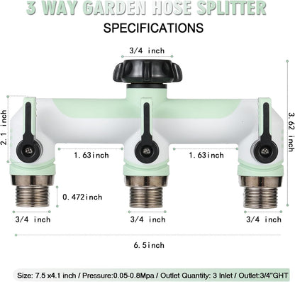 ATAOSGRGarden Hose Splitter 3 Way, 3/4" Outdoor Faucet Splitter, Tap Connector with On/Off Valves and Extended Handle, Tap Adapter Garden Hose Connector for Garden Outdoor Home - Greens