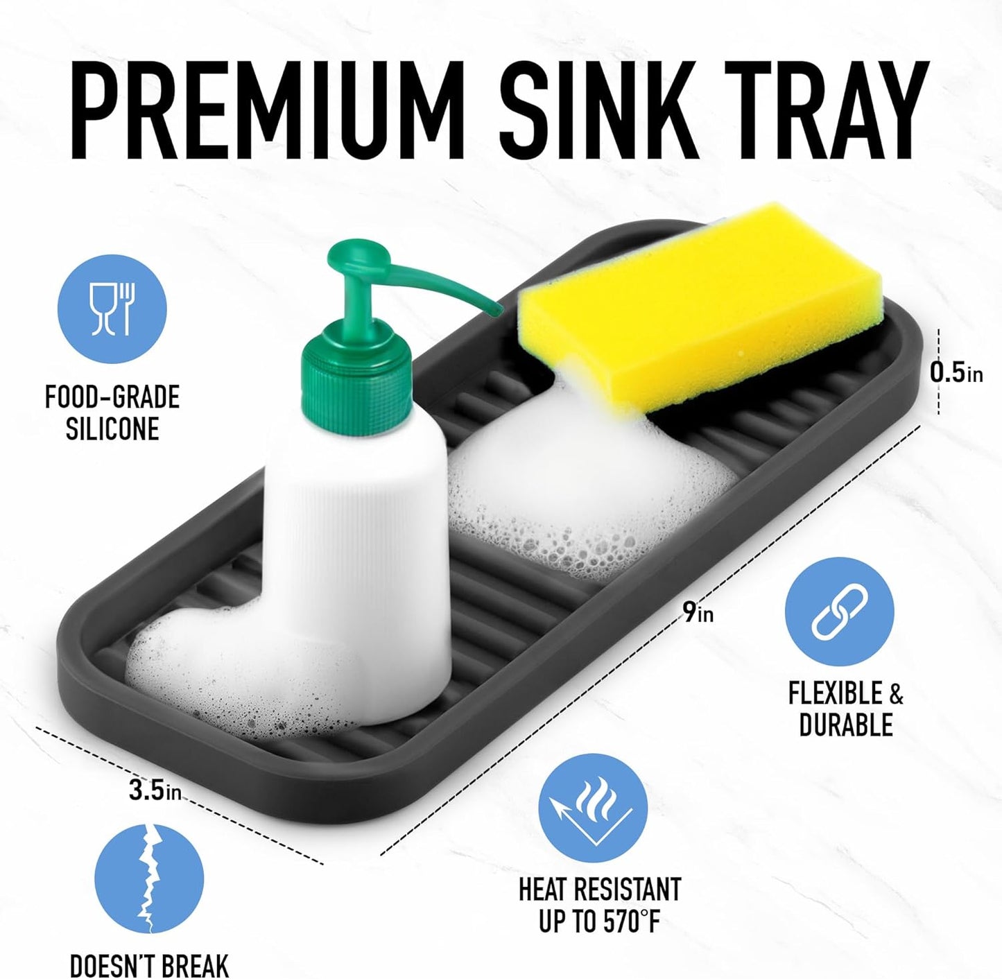 Zulay Kitchen (9x3.5in) Sponge Holder for Kitchen Sink - Flexible Heavy-Duty Multipurpose Sink Caddy - Counter Organizer for Kitchen, Bathroom, Makeup, Trinkets & More! (Grey)