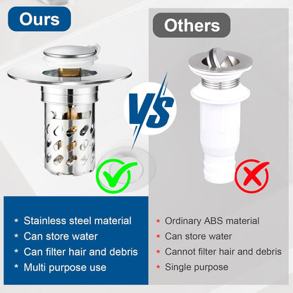 2 Pcs Bathroom Sink Drain Strainer, Universal Pop Up Stopper with Removable Stainless Steel Hair Catcher Basket