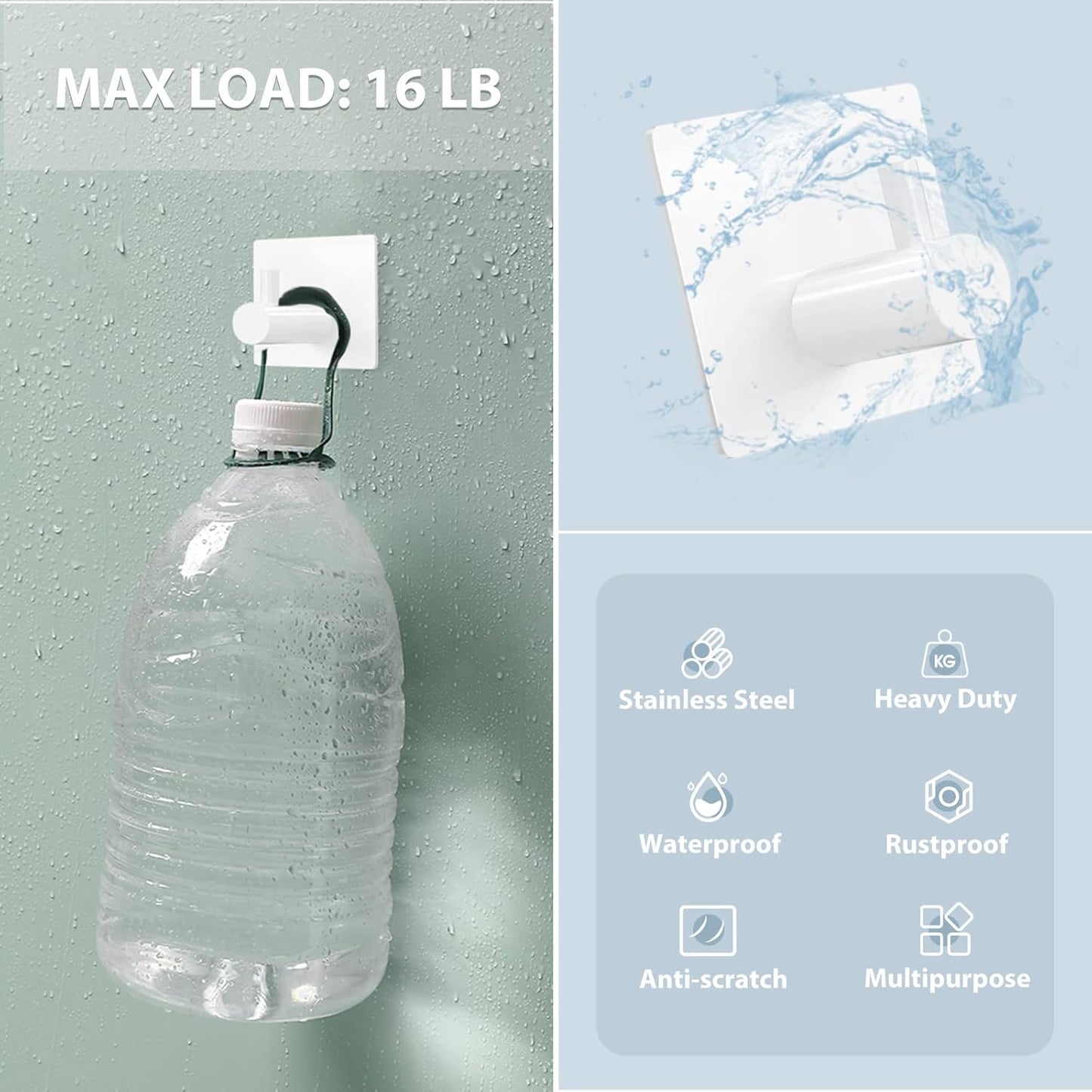 VIS'V Adhesive Towel Hooks, Waterproof Shower Wall Stick on Hooks, 2 Extra Adhesive Strips, White, 4 Pcs