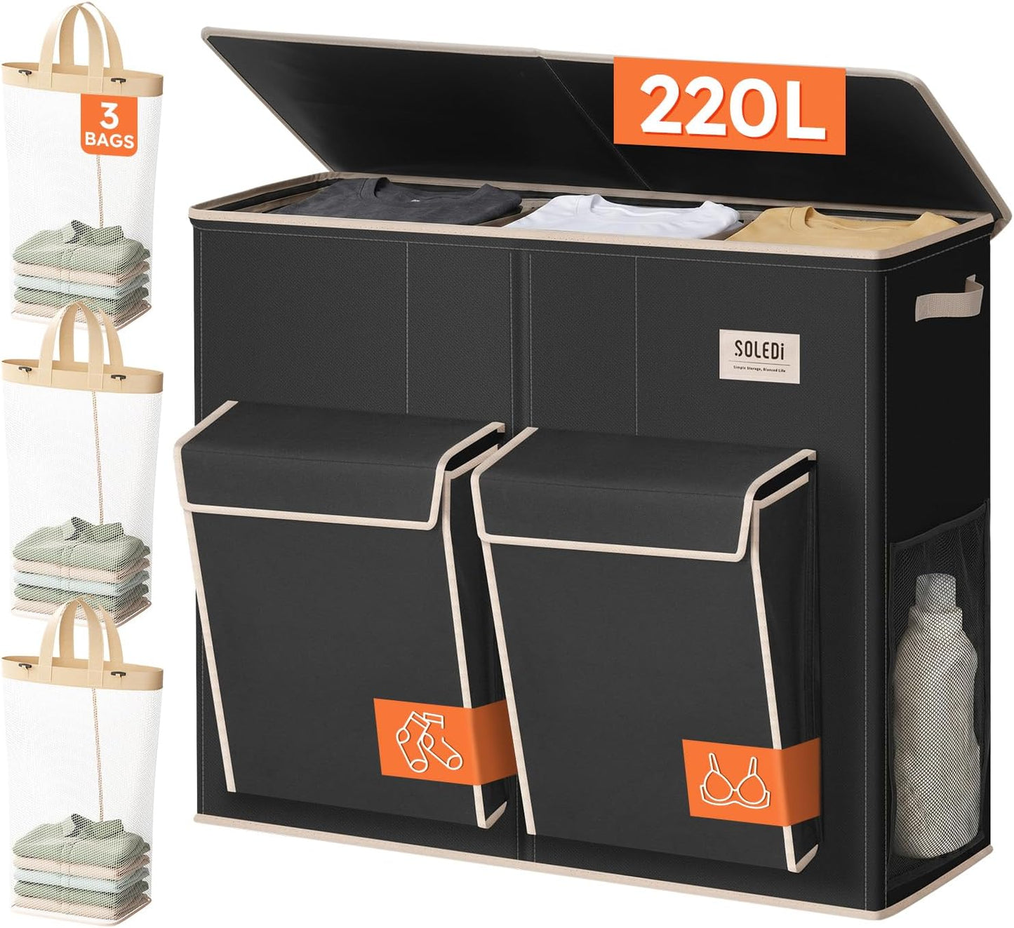 SOLEDI 220L Laundry Hamper 3 Section,Extra Large Laundry Basket with Lid and 2 Side Pockets, Dirty Clothes Hamper with Removable Bag Easy to Carry for Laundry Room, Bedroom, Bathroom, Black