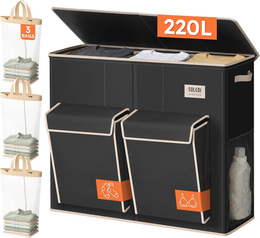 SOLEDI 220L Laundry Hamper 3 Section,Extra Large Laundry Basket with Lid and 2 Side Pockets, Dirty Clothes Hamper with Removable Bag Easy to Carry for Laundry Room, Bedroom, Bathroom, Black