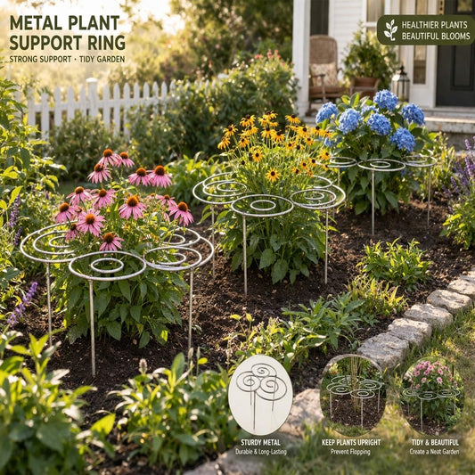 Metal Plant Support Ring for Garden, Peony Cage Stand, Indoor Pots, Flower Hoop, Decorative Grow Through Rings, Stackable Houseplant Stake, Dahlia Cage, Outdoor Orchid Clip(1PC,Medium)