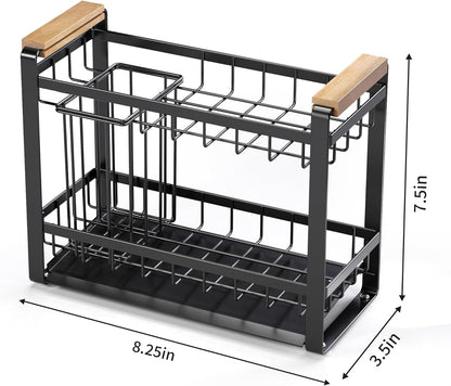 Sink Caddy Organizer with Wooden Handle & Self-Draining Tray, Trapezoid Kitchen Sponge Holder with Non-Slip Suction Cups , Organizer for Sponge, Brush, Soap Dispenser for Sink and Bathroom Countertop