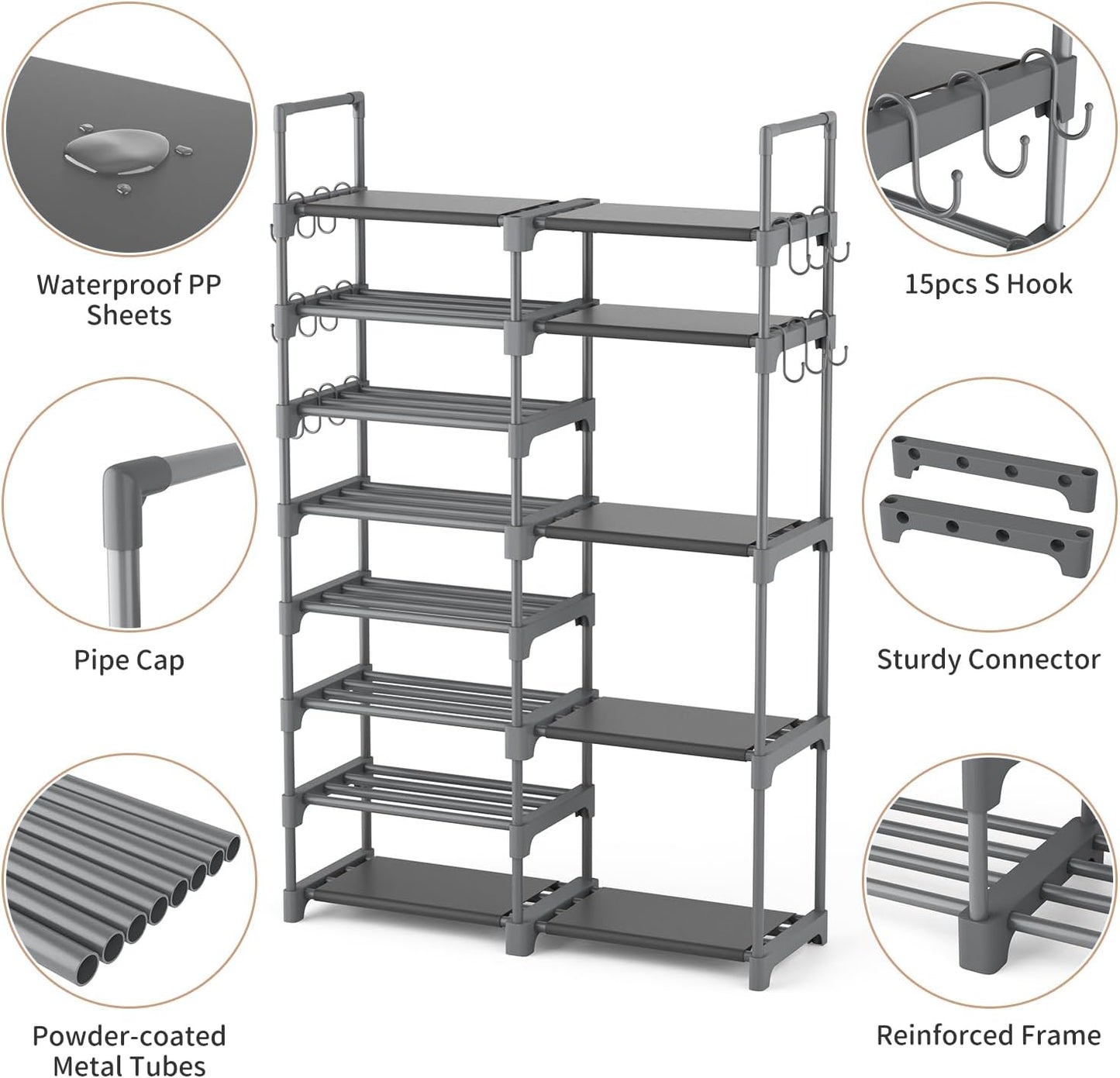 ROJASOP Shoe Rack Organizer, 8-Tier Metal Shoe Rack for Closet Entryway Garage, 26-32 Pairs Tall Shoe Boot Storage Shelf with 15 Hooks, Stackable Large Shoe Stand