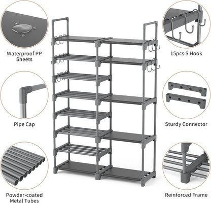 ROJASOP Shoe Rack Organizer, 8-Tier Metal Shoe Rack for Closet Entryway Garage, 26-32 Pairs Tall Shoe Boot Storage Shelf with 15 Hooks, Stackable Large Shoe Stand