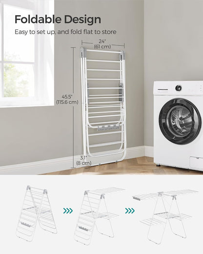 SONGMICS Clothes Drying Rack, with Sock Clips, Metal Laundry Rack, Foldable, Space-Saving, Free-Standing Airer, with 2 Height-Adjustable Gullwings, Indoor Outdoor Use, Gray ULLR052G01