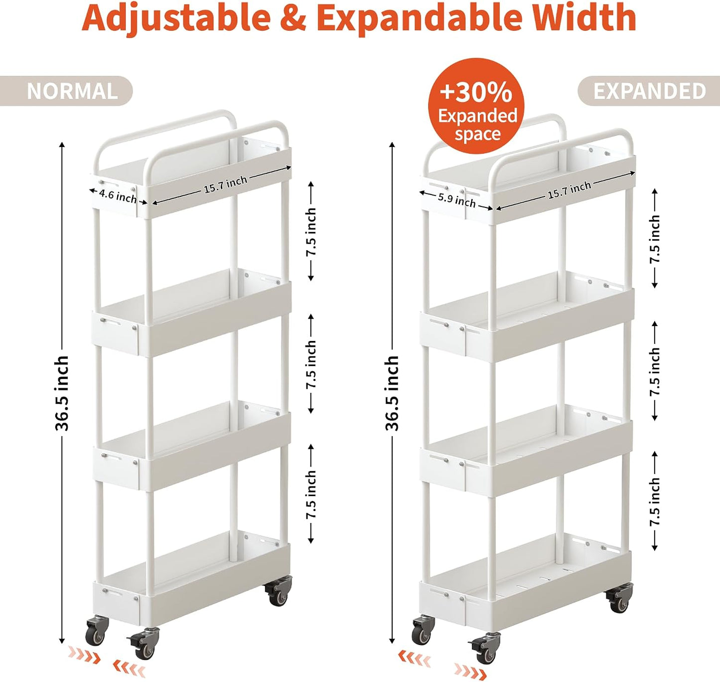 HOTEAGLE Three Tier Rolling Cart, Adjustable Width & High Adaptability | Metal Utility Storage Carts with Wheels, Ideal Storage Organizer for Livingroom, Kitchen and Bathroom