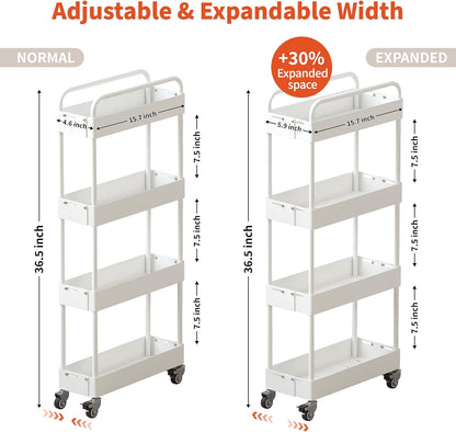 HOTEAGLE Three Tier Rolling Cart, Adjustable Width & High Adaptability | Metal Utility Storage Carts with Wheels, Ideal Storage Organizer for Livingroom, Kitchen and Bathroom