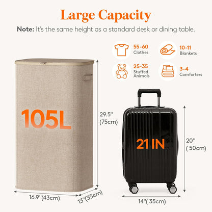 Lifewit 165L Large Laundry Basket with Lid, Laundry Hamper with Plastic Handles and Removable Bag, Foldable Tall Dirty Clothes Hampers for Laundry for Laundry Room, Bedroom, Bathroom, Dorm, Beige