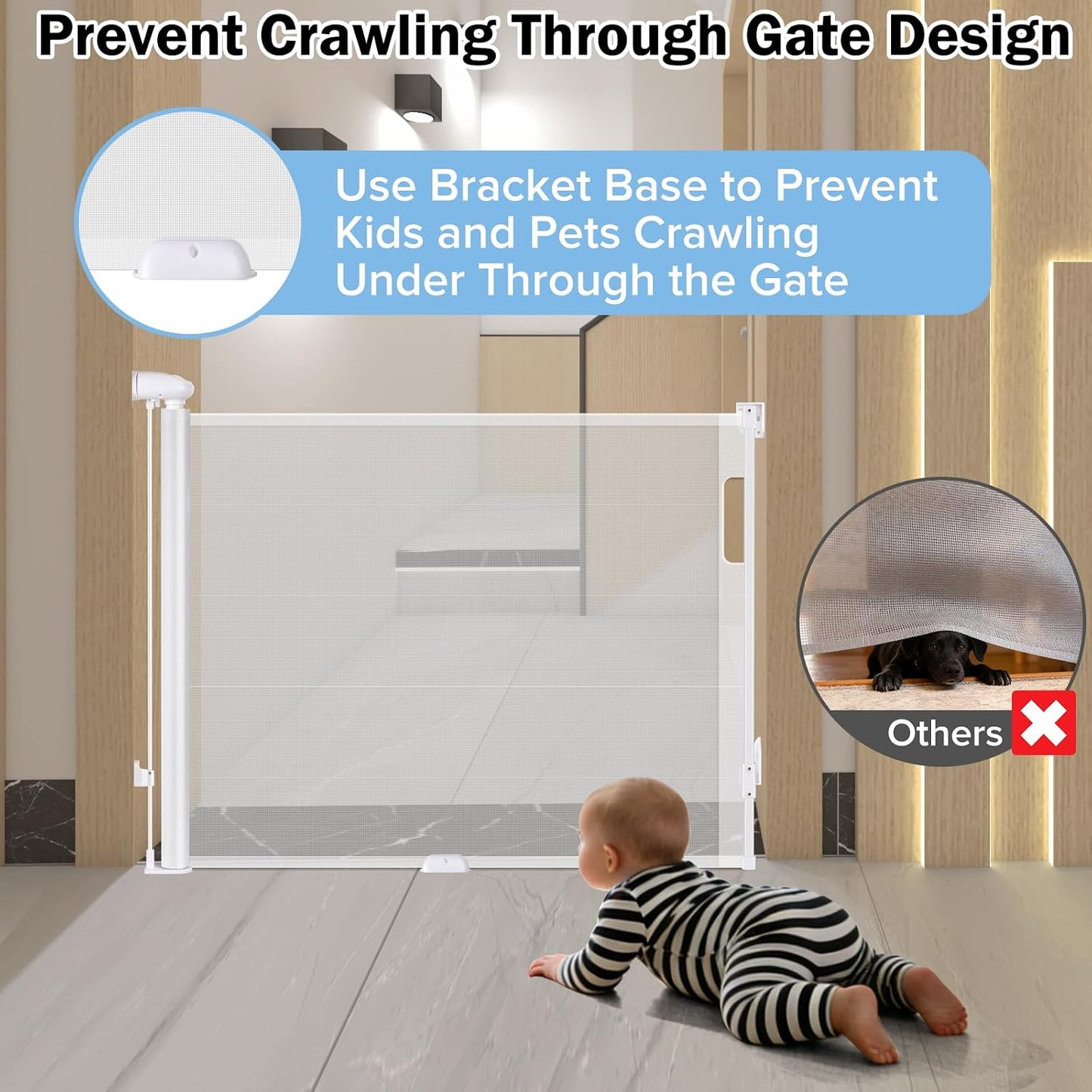 Retractable Baby Safety Gate, 33.8" Tall Extends to 55" Wide, Dual Lock, Adjustable Mounting, Extendable Pet Gate for Hallways, Stairs, Indoor & Outdoor（White）