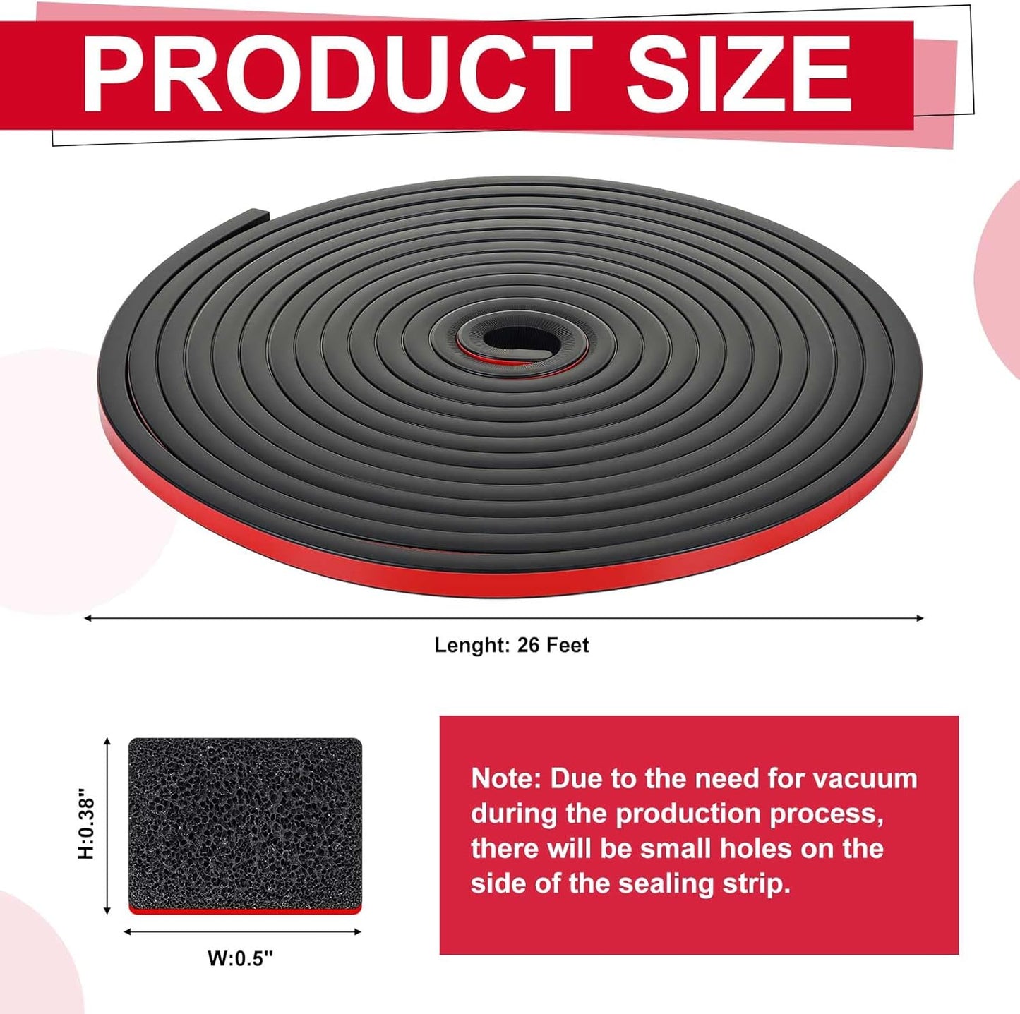Pangda 20 Ft Rectangular Rubber Seal Strip with Self-Adhesive Tape, 1" W x 1/2" H Foam Rubber Weather Stripping for Boat, Automobile, RV, Ship, Garage Door/Window Seal, Black (Double Hole)