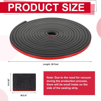 Pangda 20 Ft Rectangular Rubber Seal Strip with Self-Adhesive Tape, 1" W x 1/2" H Foam Rubber Weather Stripping for Boat, Automobile, RV, Ship, Garage Door/Window Seal, Black (Double Hole)