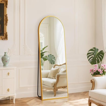 DUMOS 64"x21" Arched Full Length Floor Mirror, Full Body Mirror with Stand, Shatterproof Tempered Glass, Modern Aluminum Alloy Frame, Free Standing or Leaning for Home Decor, Gold