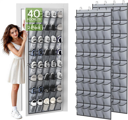 Over the Door Shoe Organizer with 40 Large Breathable Mesh Pockets, Space Saving Shoe Holder, Hanging Shoe Rack for Entryway Bedroom Closet Storage (White, 40 Pockets)