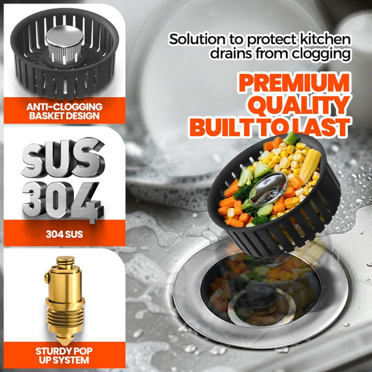 2 Pack Sink Drain Strainer - Sink Stopper, 3 in 1 Stainless Steel Kitchen Drain Plug with Deep Anti-Clog Basket and Odor-Blocking Seal, Pop-Up Design Fits Standard 3-1/2 Inch Sink