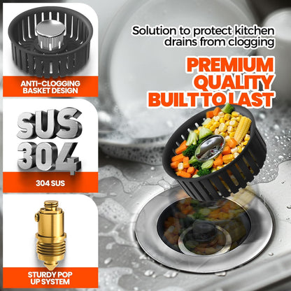 Kitchen Sink Drain Strainer - Upgraded Kitchen Sink Stopper,Sink Stopper Kitchen Drain,Stainless Steel Drain Plug with Anti-Clog Basket Drain Stopper Combo,for Standard 3-1/2'' Drain,Grey