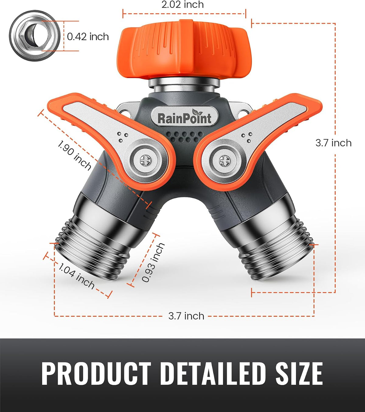 RAINPOINT 2 Way Garden Hose Splitter | Heavy Duty Water Spigot Splitter with Shutoff Valves, 100% Metal Body, 1.9" Extra Long Metal Handle, 3/4" GHT Thread