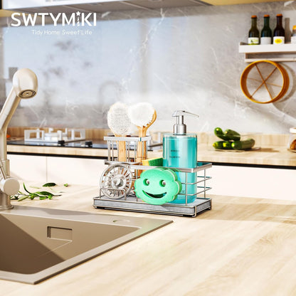 SWTYMIKI Sponge Holder for Kitchen Sink - Sink Caddy with Brush Holder and Stainless Steel Self Drain Tray, Sponge Caddy Organizer with Divider Kitchen Accessories Storage for Countertop, Black