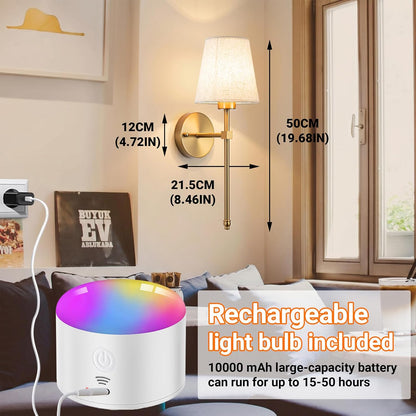 Battery Operated Wall Sconce Set Of Two with Remote Control, Indoor Not Hardwired Dimmable Battery Operated Wall Sconce Light Fixture with Fabric Linen Shade For Bedroom Living Room, Bulb Included ( C