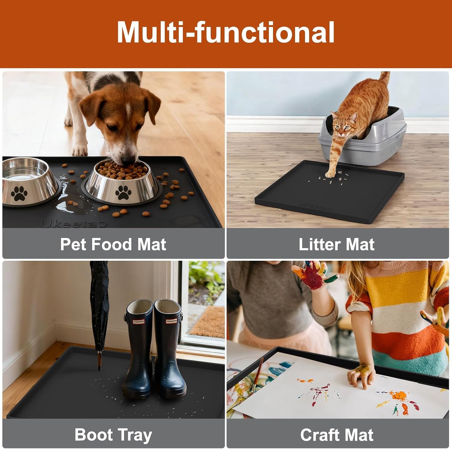 ukeetap Extra Thick Silicone Mat Waterproof with Raised Edge 19” x 12”, BPA Free Non-Slip Dog & Cat Food Mat, Feeding Mat for Food and Water Bowls, Spill Proof Mat to Protect Floors, Black