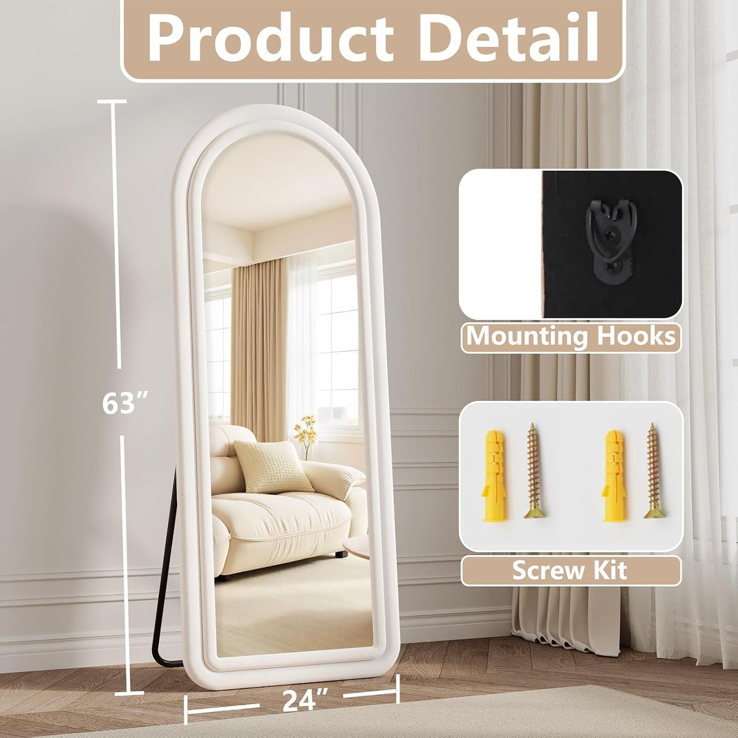 71"x32" Flannel Full Length Mirror, Arched Mirrors Full Length with Stand, Flannel Floor Mirror for Bedroom and Living Room, Full Body Mirror Hanging or Leaning, White