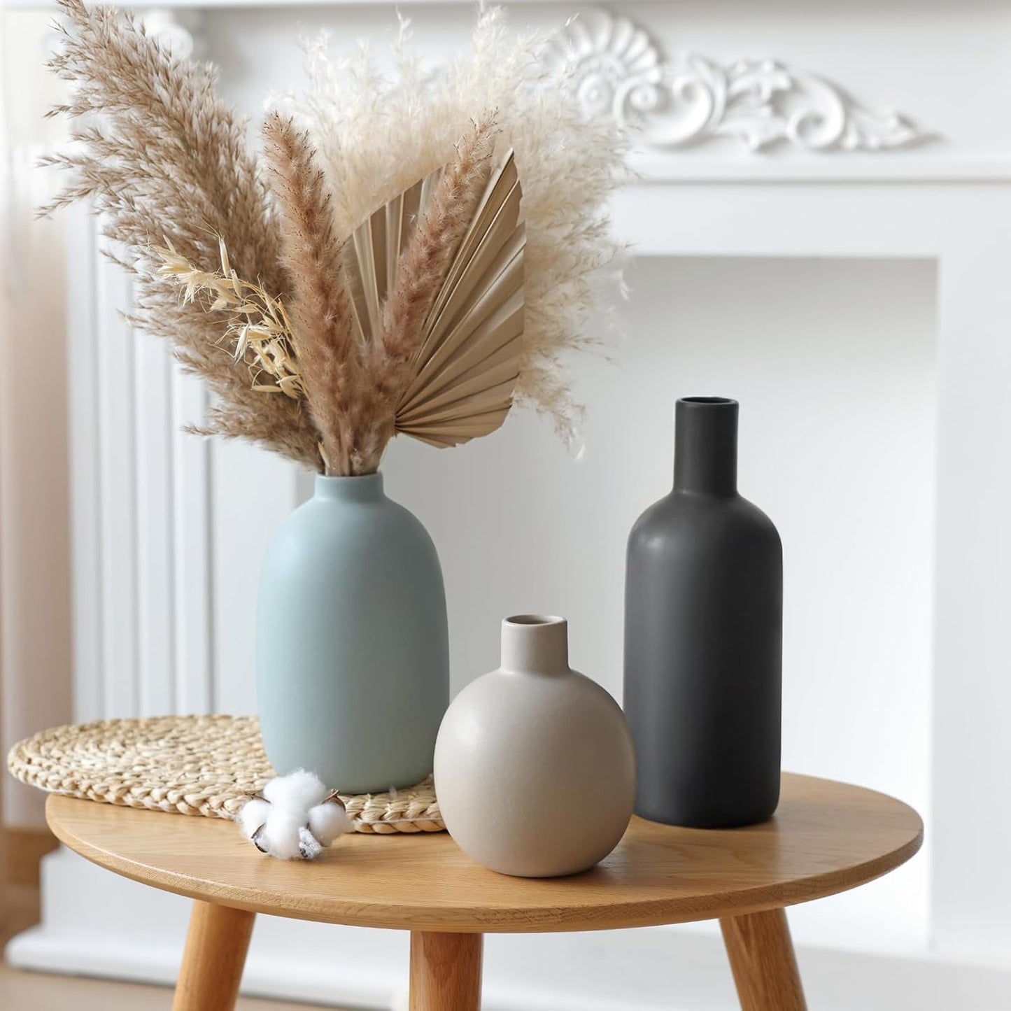 CUCUMI Ceramic Vase Set of 5, Home Decor Farmhouse Décor Handmade Pottery Vases for Pampas Grass, Dried Fresh Flowers, Table, Living Room, Kitchen, Shelf, Entryway Mantel Neutral Tones