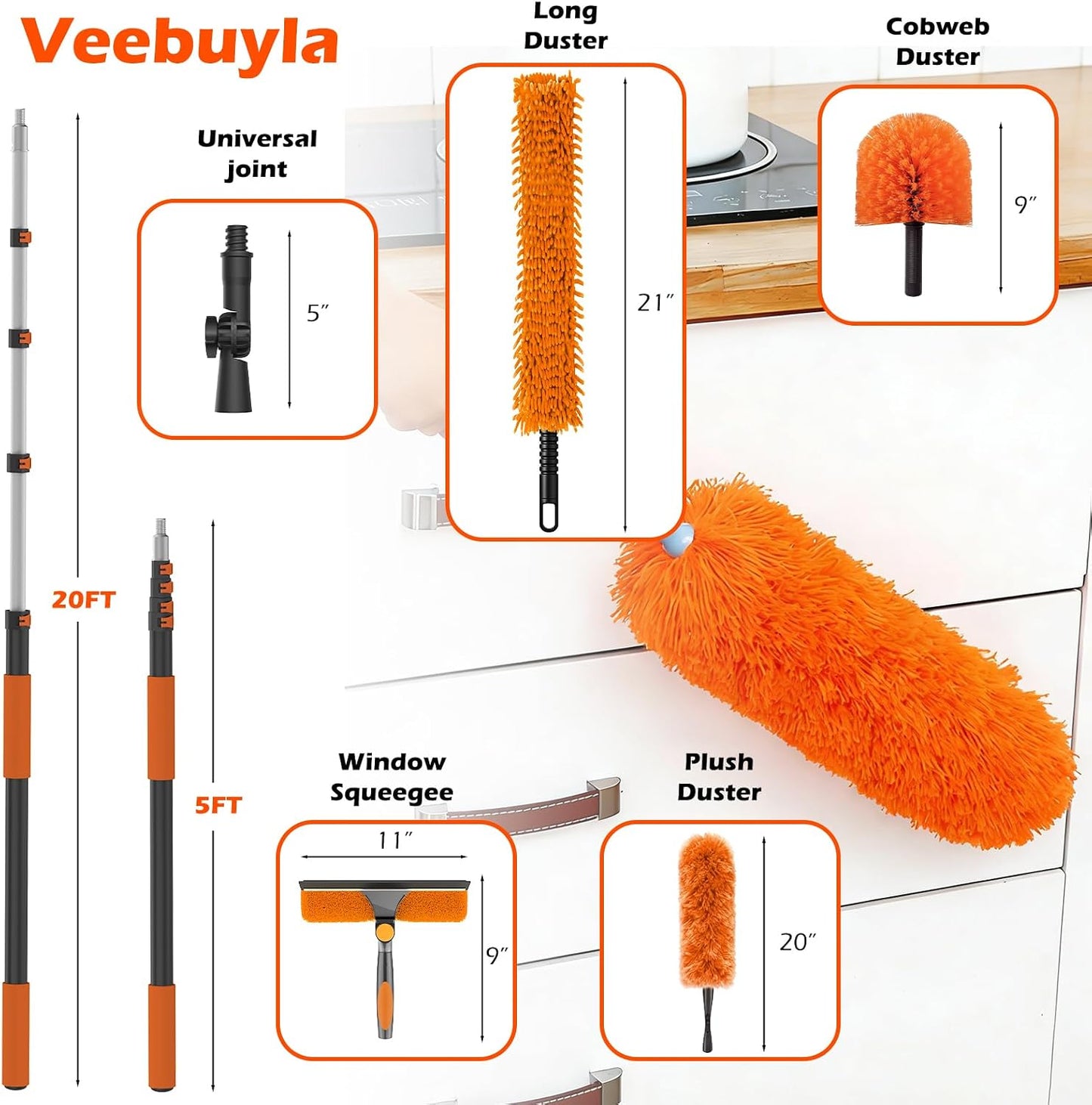 25FT Reach High Ceiling Duster Kits with 5-20FT Adjustable Pole - Includes Extra Long Duster, High Ceiling Duster, Rotatable Window Squeegee & Cobweb Duster for Ceiling Fans and Whole House Cleaning