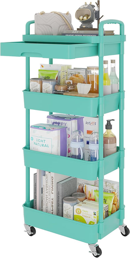 Calmootey 3-Tier Rolling Utility Cart with Drawer,Multifunctional Storage Organizer with Plastic Shelf & Metal Wheels,Storage Cart for Kitchen,Bathroom,Living Room,Office,White