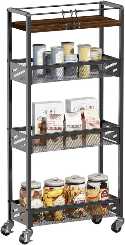 DGSNADGO Slim Rolling Storage Cart, 4-Tier Kitchen Cart on Wheels, Narrow Utility Cart with Handle and Wooden Tabletop for Small Space in Kitchen, Living Room, Bathroom, Laundry Room, Beige and White