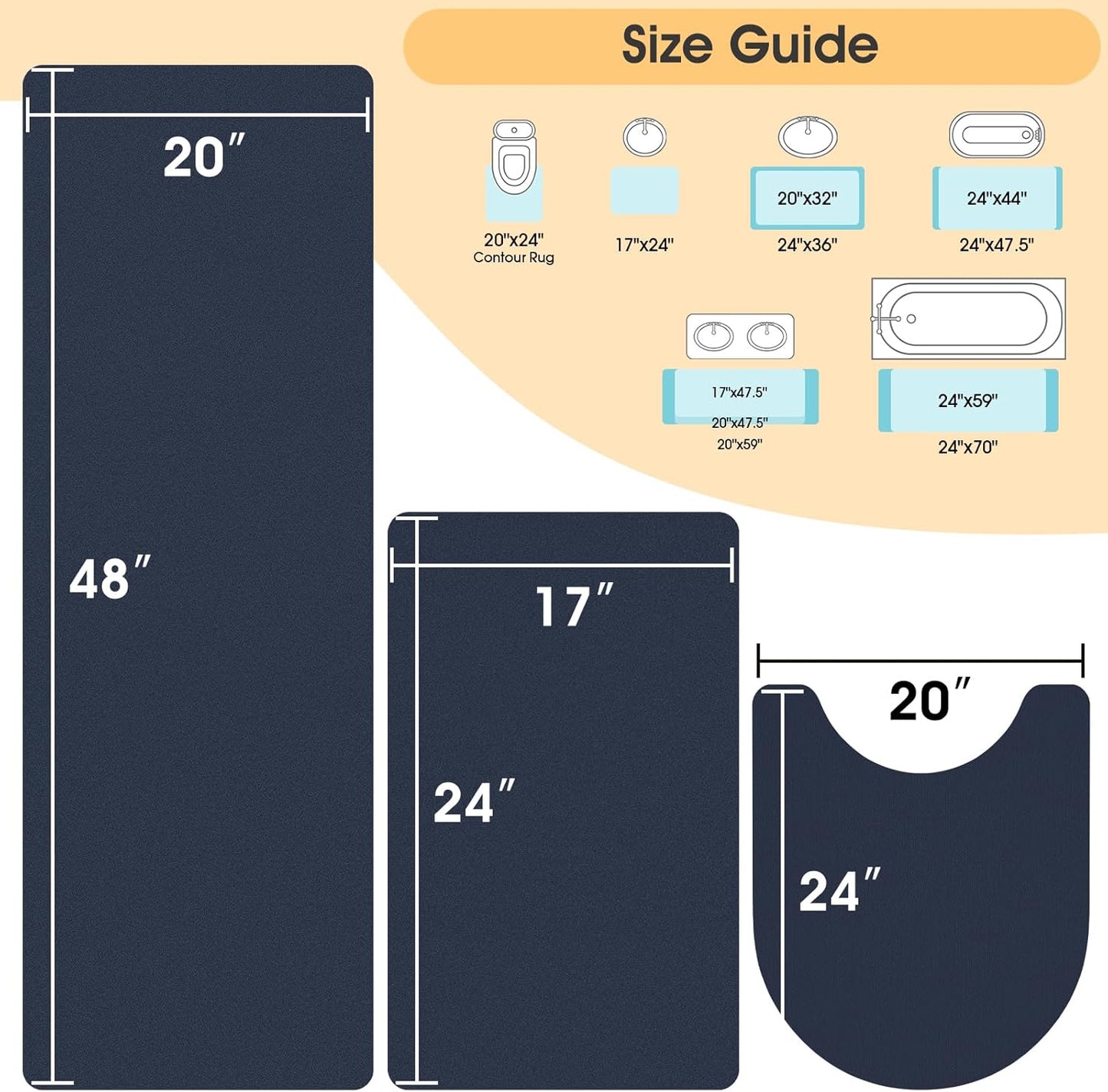 ACCUMTEK Non Slip Bath Mat, Thin Bathroom Rugs Fit Under Door, Quick Dry Bath Mats, Machine Washable Bath Rugs for Bathroom, Bathtub & Kitchen, Grey/Bordered/24 x17
