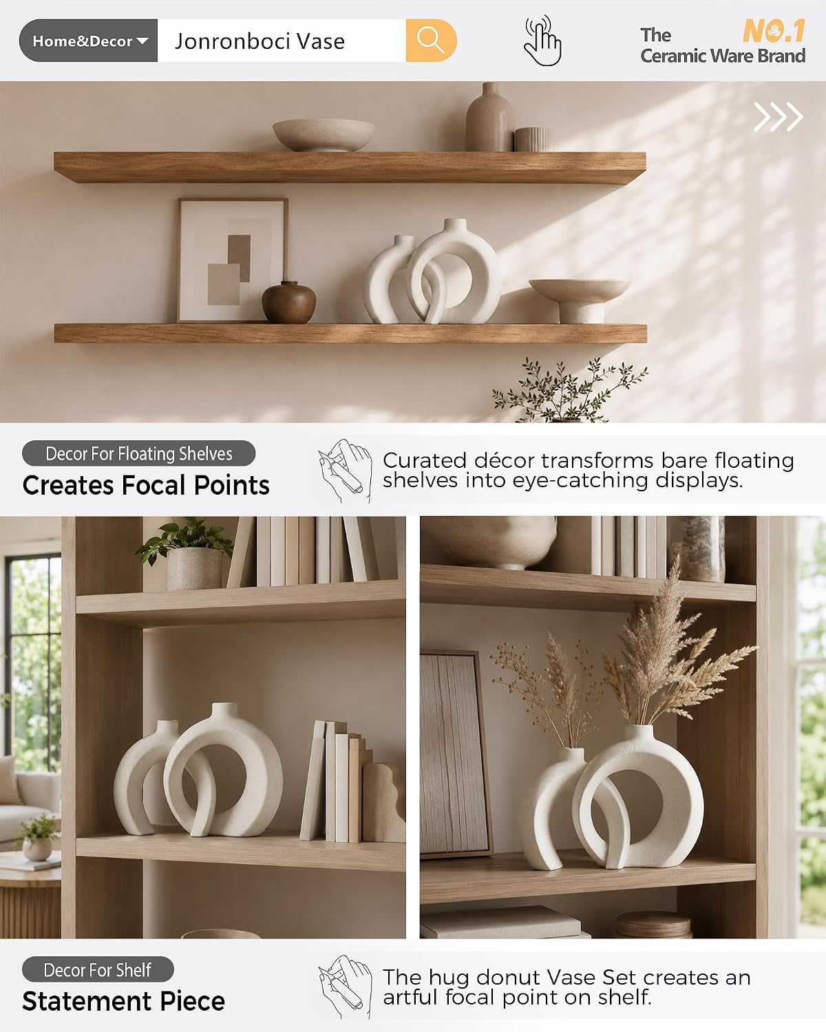 7.2″Hx8.9″H Donut Shape Decorative Vase Set of 2, Ceramic, Modern Minimalism Styles, Flowers or Plant Table Vases for Home Decor Living Room Shelf Entry Console Mantle Dining Centerpiece (Matte White)