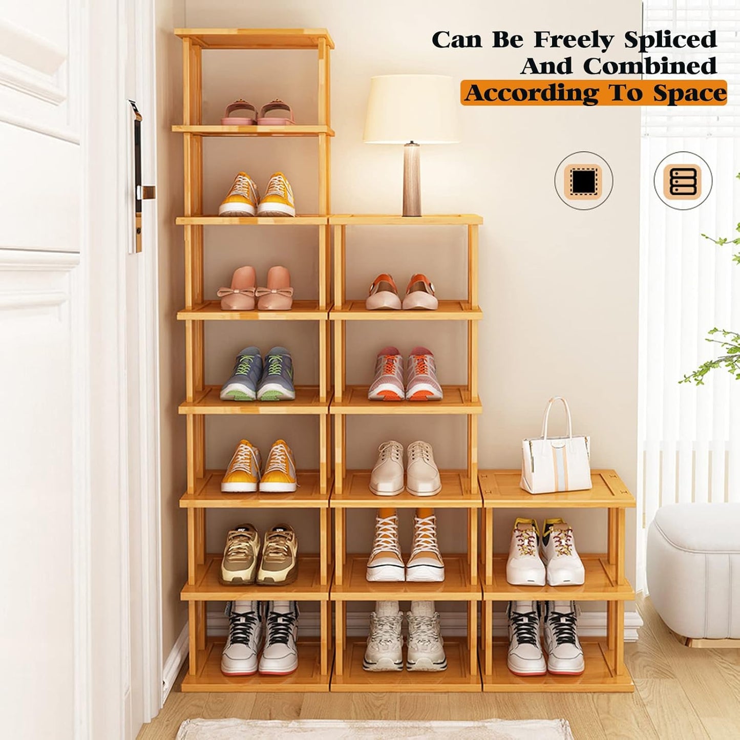 SAN HE 7-Tier Modern Bamboo Shoe Rack - Vertical, Slim, Space-Saving Shoe Organizer for Small Spaces, Closet, Entryway, Corner, Garage, Bedroom