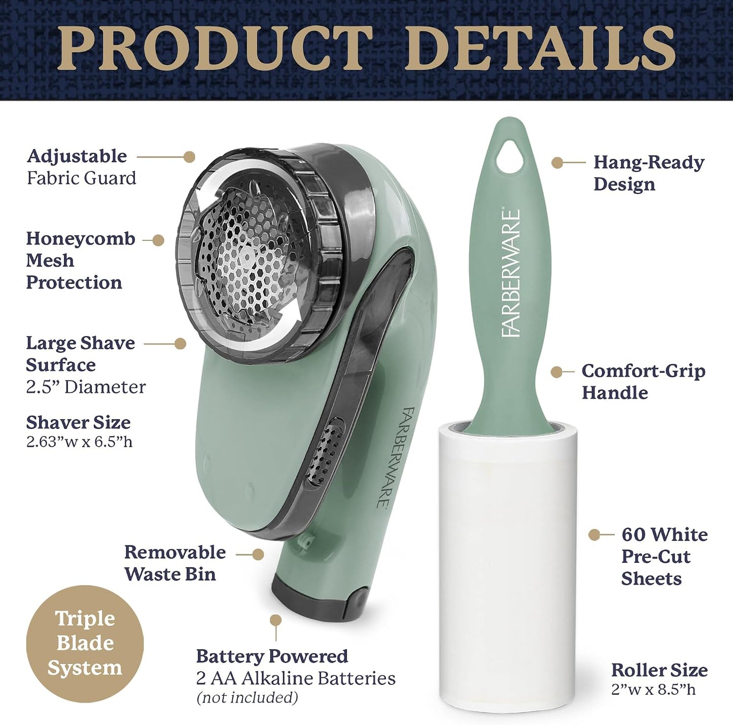 Farberware Fabric Shaver & Lint Remover Set–Battery Operated Sweater Shaver with Triple Blades and Extra Sticky Roller for Pet Hair, Fuzz & Pilling on Clothes, Upholstery & Bedding (Gray/Blue, Small)