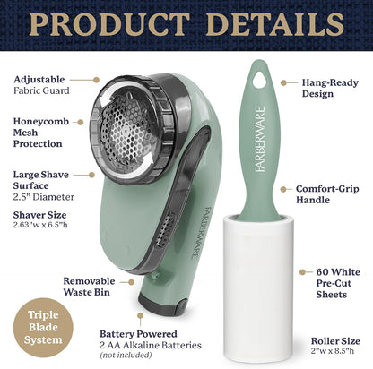 Farberware Fabric Shaver & Lint Remover Set–Battery Operated Sweater Shaver with Triple Blades and Extra Sticky Roller for Pet Hair, Fuzz & Pilling on Clothes, Upholstery & Bedding (Gray/Blue, Small)