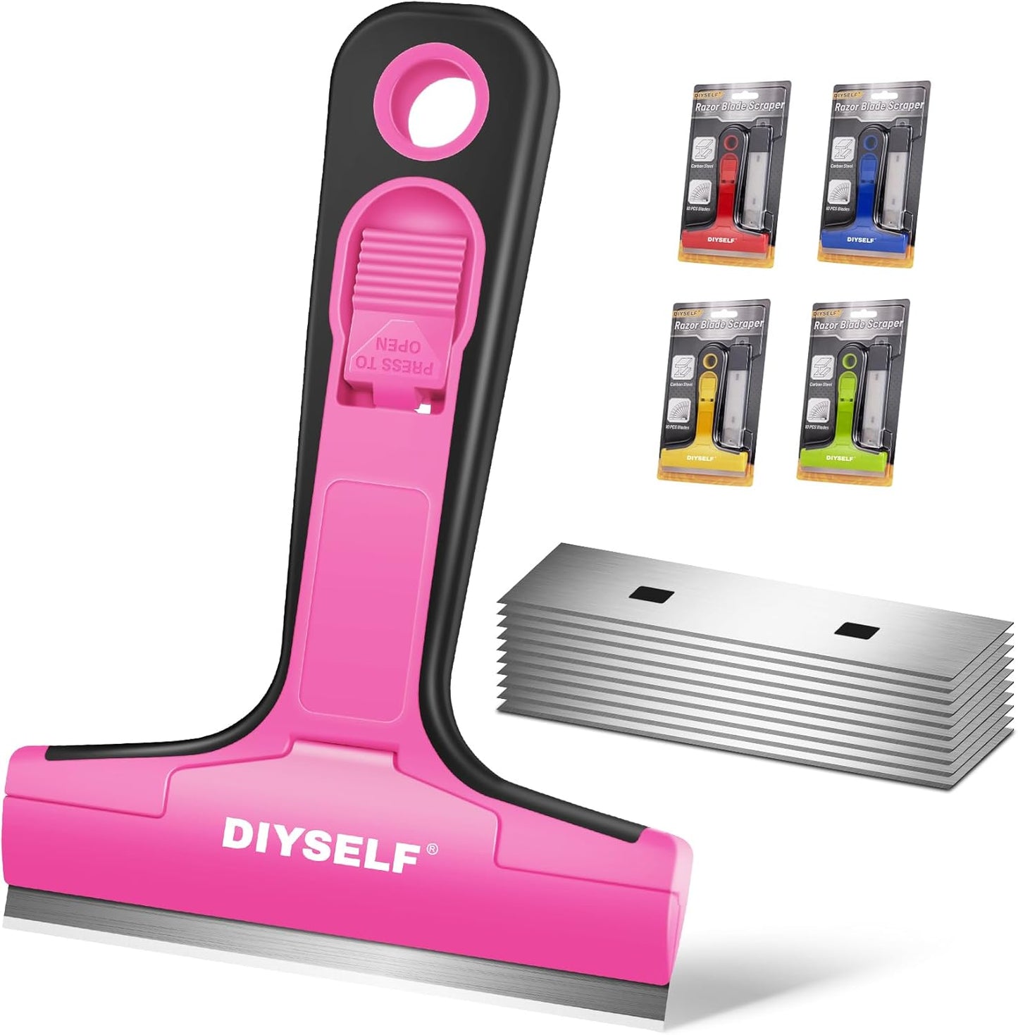 DIYSELF Razor Blade Scraper, 1 Pack Scraper Tool with 10pcs 4-Inch Blades, Razor Scraper for Cleaning Glass, Window, Stove Top, Oven, Kitchen, Cooktop, Shower Door, Sticky Residue, Tile, Wallpaper