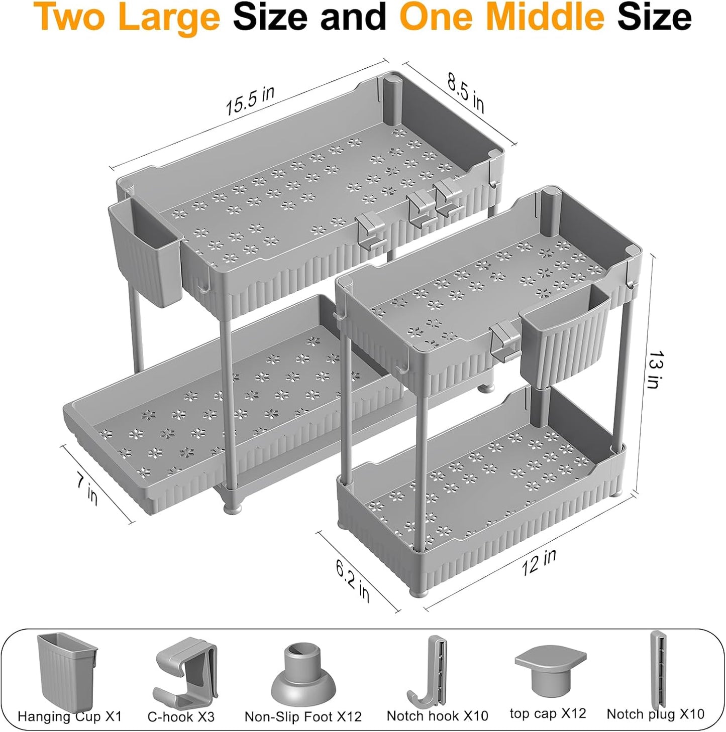 Sevenblue 3-Pack 2-Tier Under Sink Organizers with Sliding Drawers | Multi-use kitchen & bathroom storage, 12.8 inch black cabinet organizer, space-saving sliding drawer design.