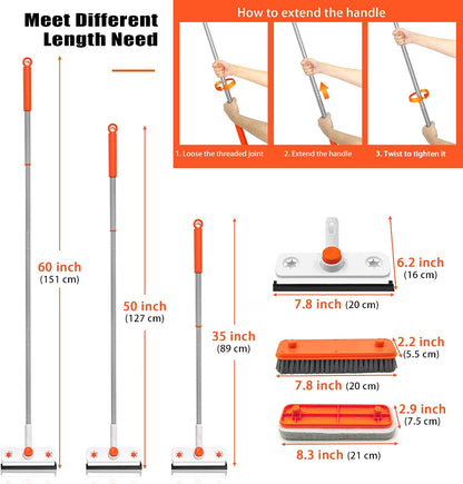 Floor Scrub Brush with Long Handle, 3 in 1 Extendable Stiff Bristle Scrape Brush, 60-In Shower Scrubber Brush with Squeegee and 2 Replacement Heads for Cleaning Bathroom Kitchen Deck Tub Tile