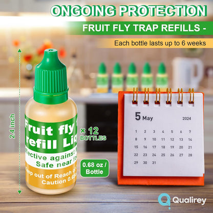 Qualirey Fruit Fly Trap for Indoor and Kitchen Use, 0.68 oz Each Bottle Fruit Fly Trap Refill Liquid, Ready to Use, Safe Near Food, Efficient Lure Refill Liquid, Yellow(12 Pack)