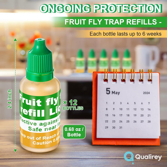 Qualirey Fruit Fly Trap for Indoor and Kitchen Use, 0.68 oz Each Bottle Fruit Fly Trap Refill Liquid, Ready to Use, Safe Near Food, Efficient Lure Refill Liquid, Yellow(12 Pack)