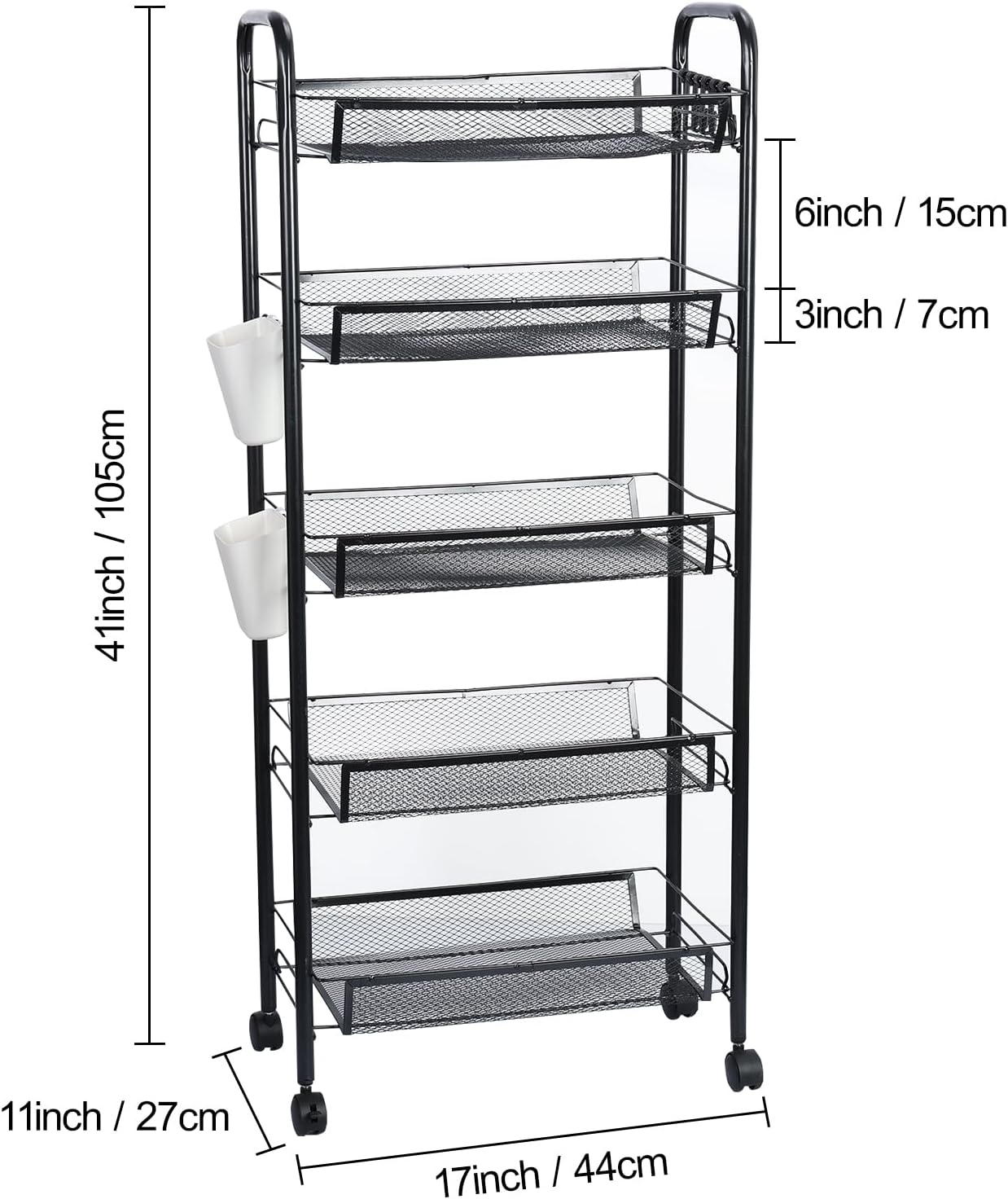 5-Tier Rolling Cart, Stackable Fruit Vegetable Rack, Kitchen Mesh Storage Basket with 360 Degree Wheels, Snack Cart for Kitchen Pantry Bathroom Organizer Heighten Guardrail Detachable (5-Tier Black)