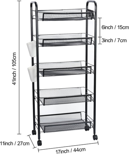 5-Tier Rolling Cart, Stackable Fruit Vegetable Rack, Kitchen Mesh Storage Basket with 360 Degree Wheels, Snack Cart for Kitchen Pantry Bathroom Organizer Heighten Guardrail Detachable (5-Tier Black)