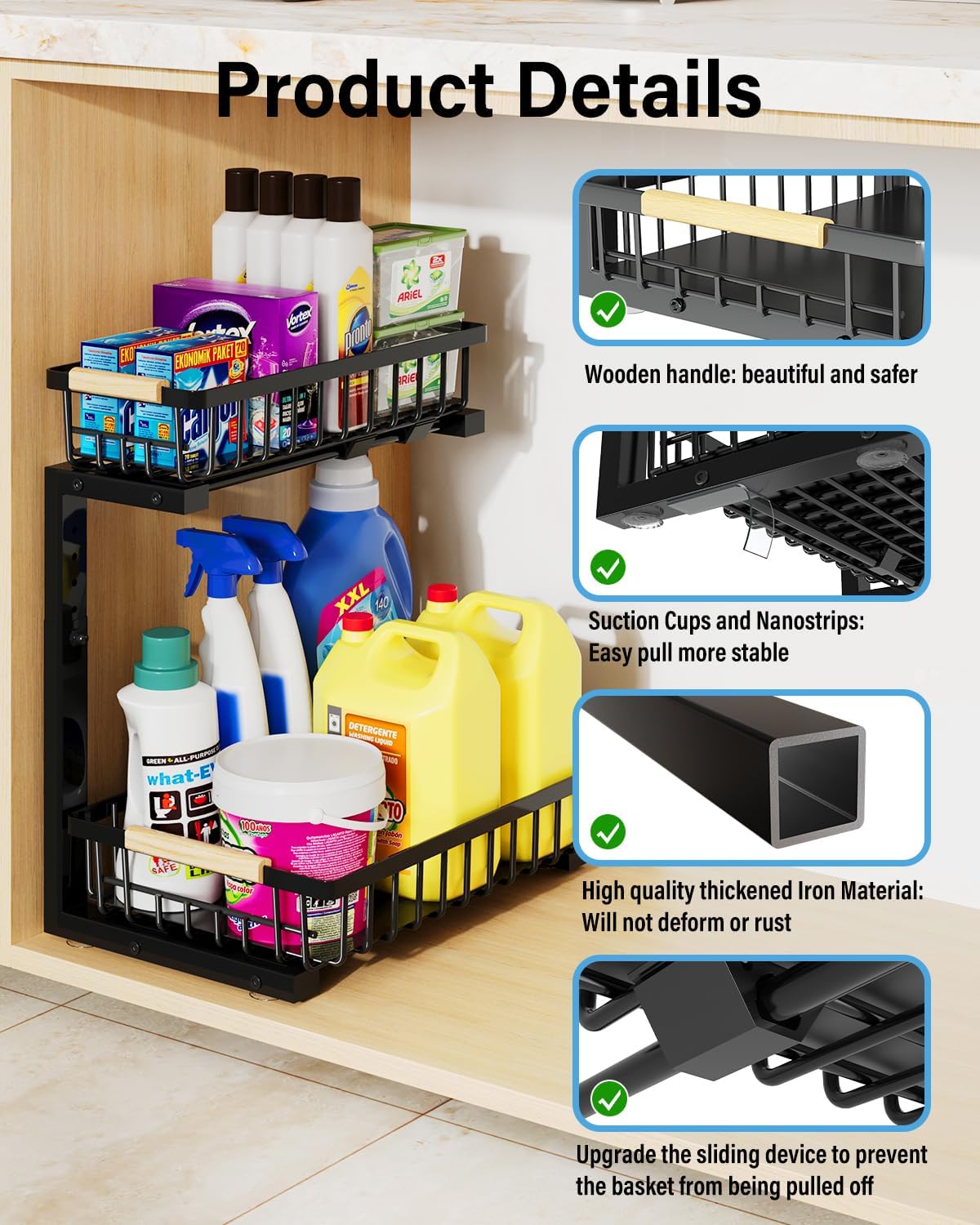 Under Sink Organizer Storage for Families: Pull Out Storage Undersink Organizers Drawer Cabinet - Sliding 2 Tier Rack Metal Organization Under Counter Kitchen Bathroom for Homemakers(White,1 Pack)