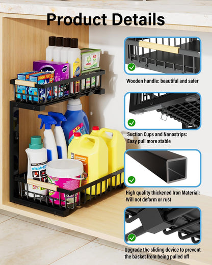 Under Sink Organizer Storage for Families: Pull Out Storage Undersink Organizers Drawer Cabinet - Sliding 2 Tier Rack Metal Organization Under Counter Kitchen Bathroom for Homemakers(White,1 Pack)