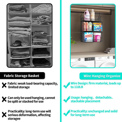 HapiRm Hanging Closet Organizer Storage - 3 Tier Metal Stackable Hanging Closet Shelves with Dividers and S Hooks, Foldable Clothes Shelves for Clothes, Pants, Shoes, Coat, Hats Clutches Accessories